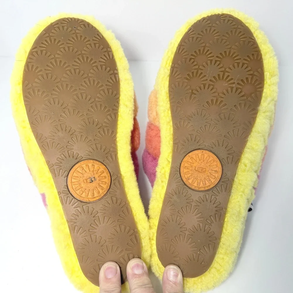 UGG Fluff Yeah Slide Rainbow Sheepskin Slippers Pink Orange Yellow Est. Size 9 - Picture 5 of 8